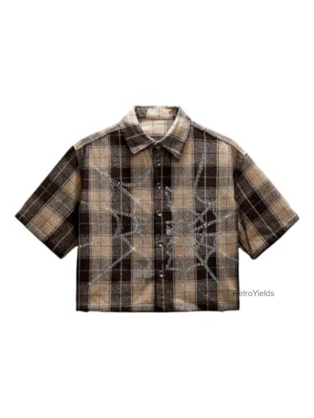 Men's Cropped Button Up Shirt Y2K Rhinestone Boxy Plaid Crop Top